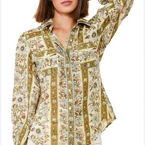 NWT Spartina 449 Claudette Blouse Sz XXS Mystic Moss Flower Green Button Front
